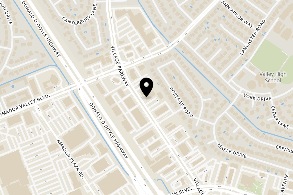 Map showing the location of Mirchi Cafe and Masala Pizza Dublin on 7083 Village Pkwy in Dublin
